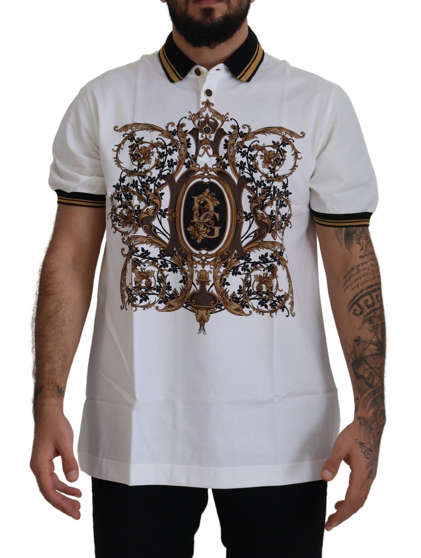 Dolce & Gabbana White Gold Baroque Print Cotton Polo T-Shirt