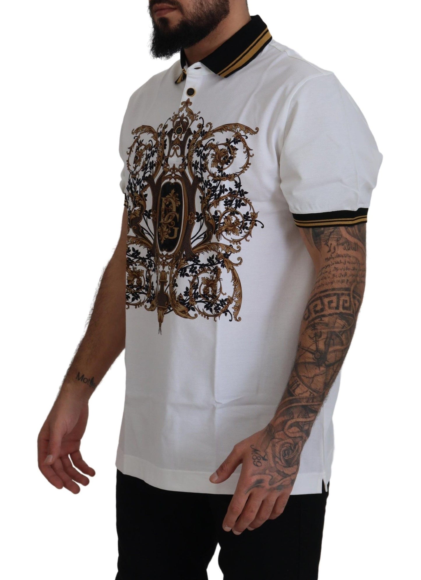 Dolce & Gabbana White Gold Baroque Print Cotton Polo T-Shirt