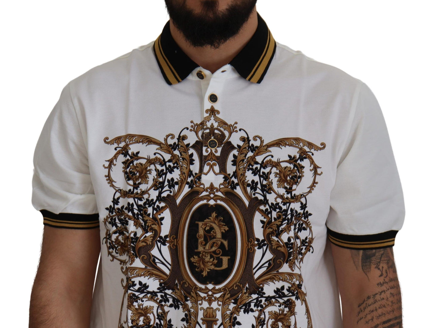 Dolce & Gabbana White Gold Baroque Print Cotton Polo T-Shirt