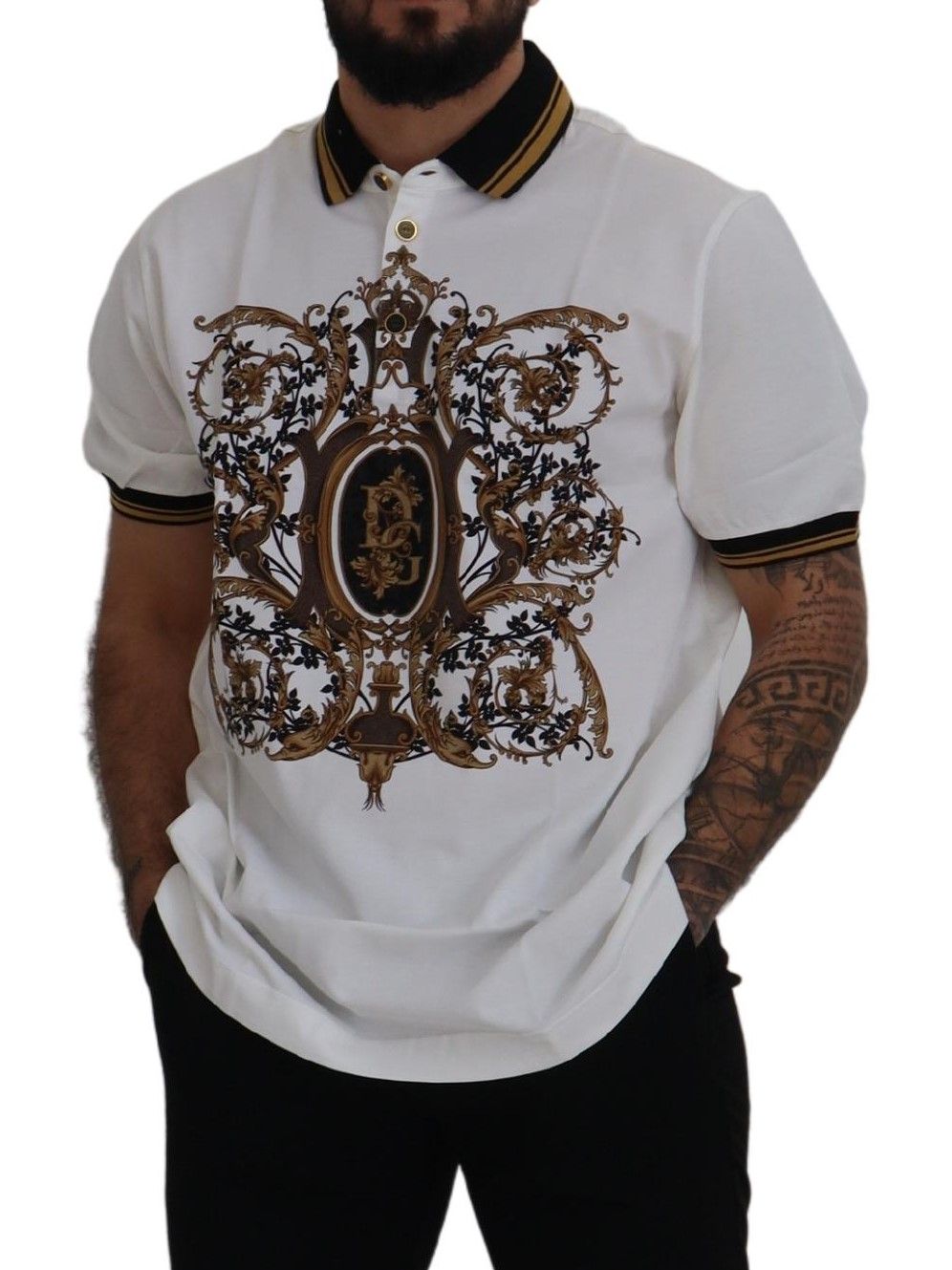 Dolce & Gabbana White Gold Baroque Print Cotton Polo T-Shirt