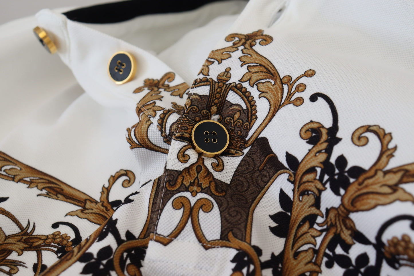 Dolce & Gabbana White Gold Baroque Print Cotton Polo T-Shirt