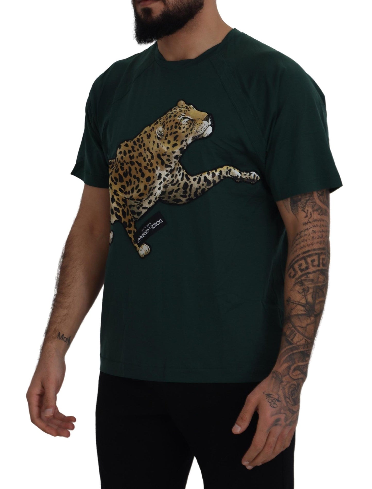 Dolce & Gabbana Elegant Green Leopard Motif Cotton T-Shirt