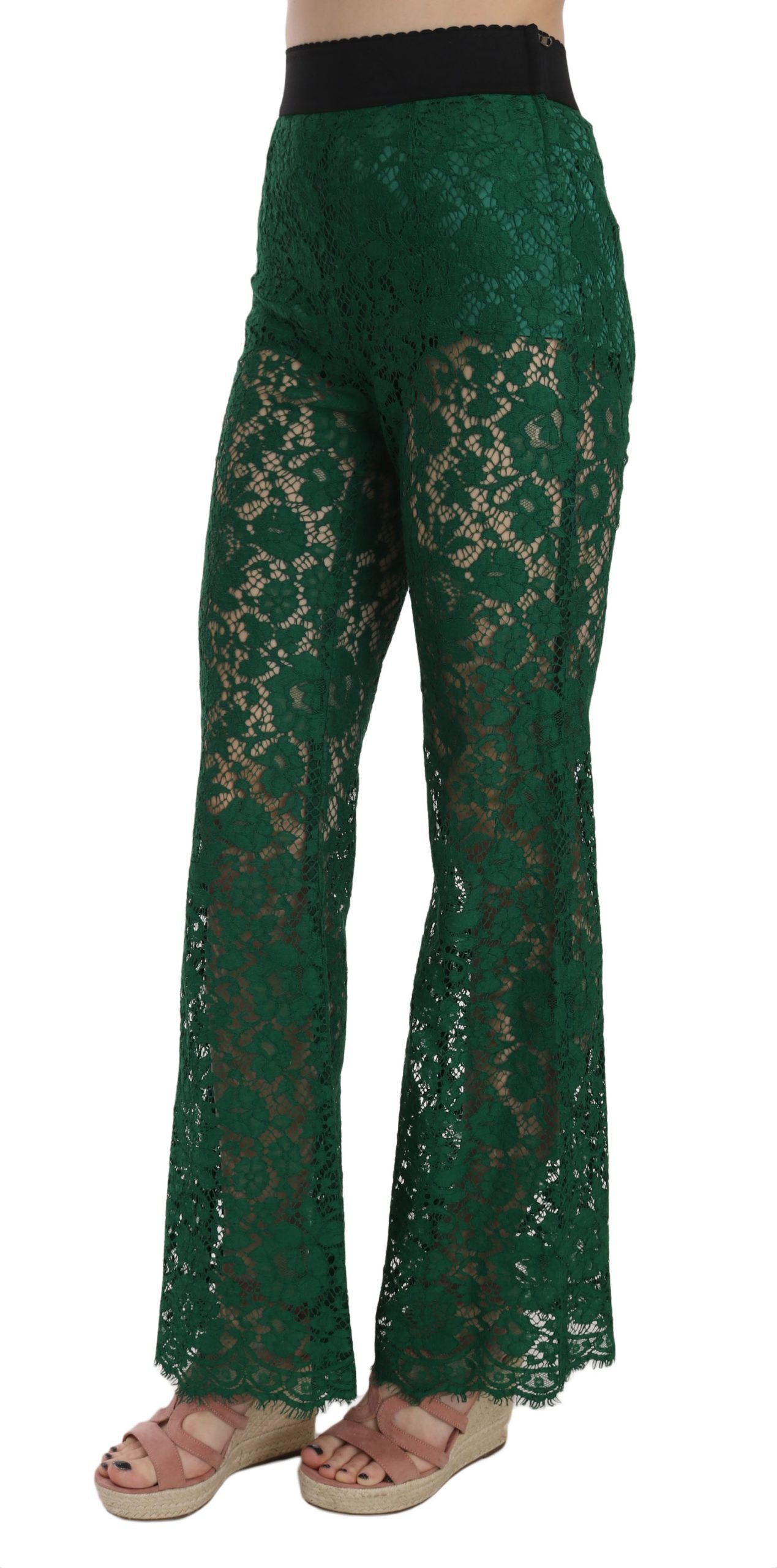 Dolce & Gabbana Floral Lace Green Palazzo Trousers