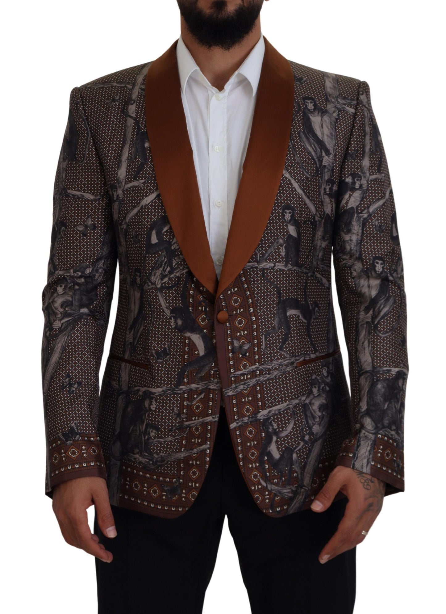 Dolce & Gabbana Bronze Monkey Print Silk Slim Jacket Blazer