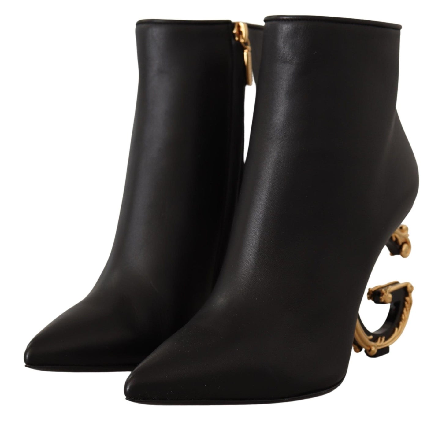 Dolce & Gabbana Elegant Black Leather Ankle Boots with Gold Detailing