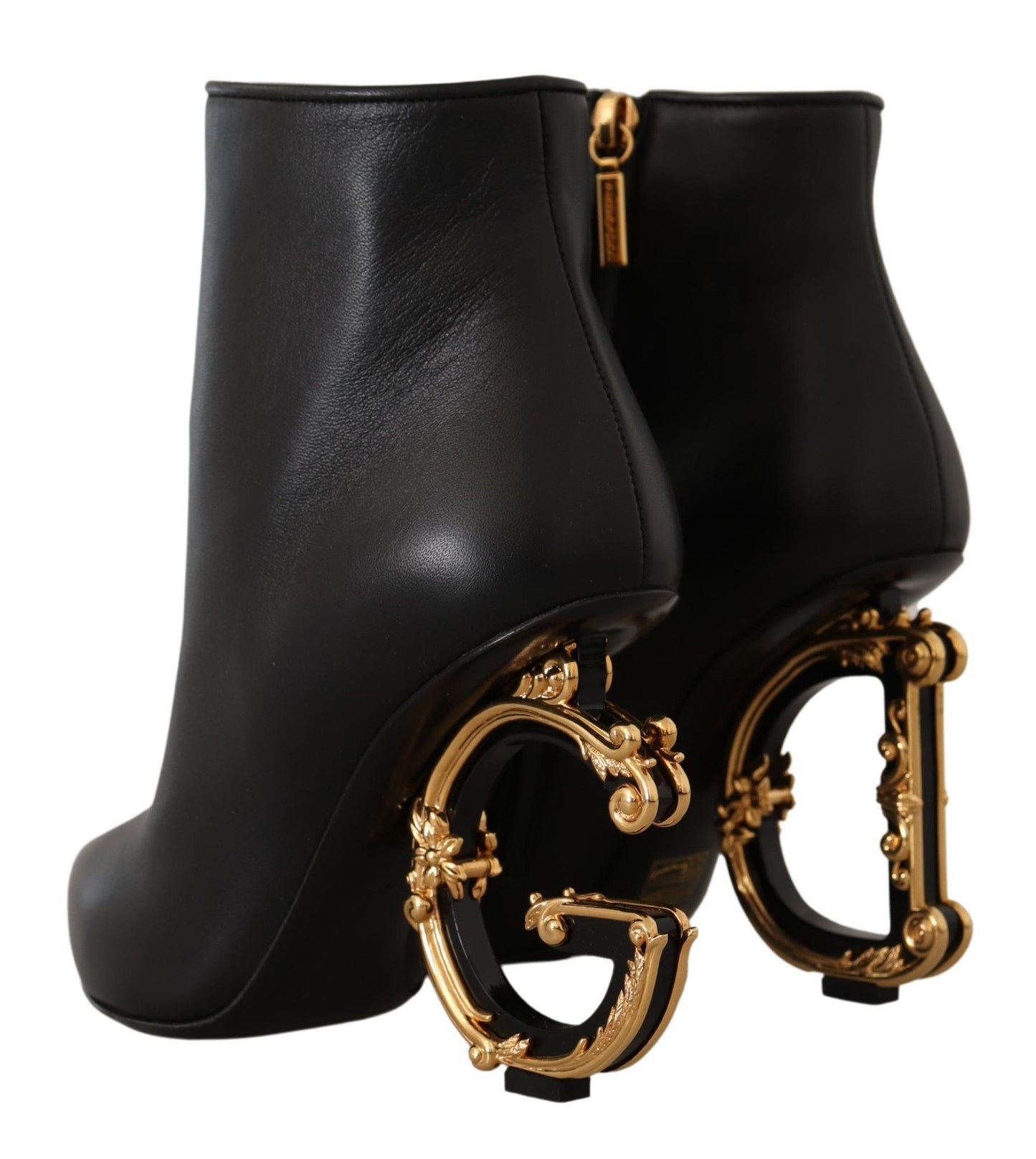 Dolce & Gabbana Elegant Black Leather Ankle Boots with Gold Detailing