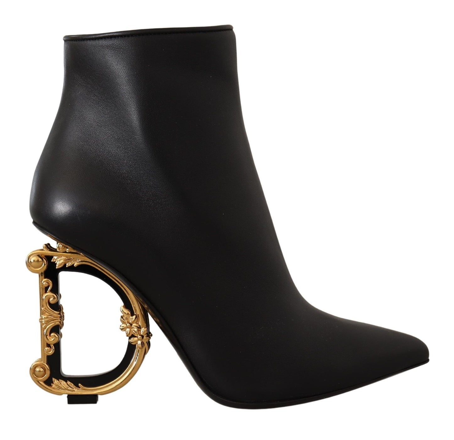 Dolce & Gabbana Elegant Black Leather Ankle Boots with Gold Detailing