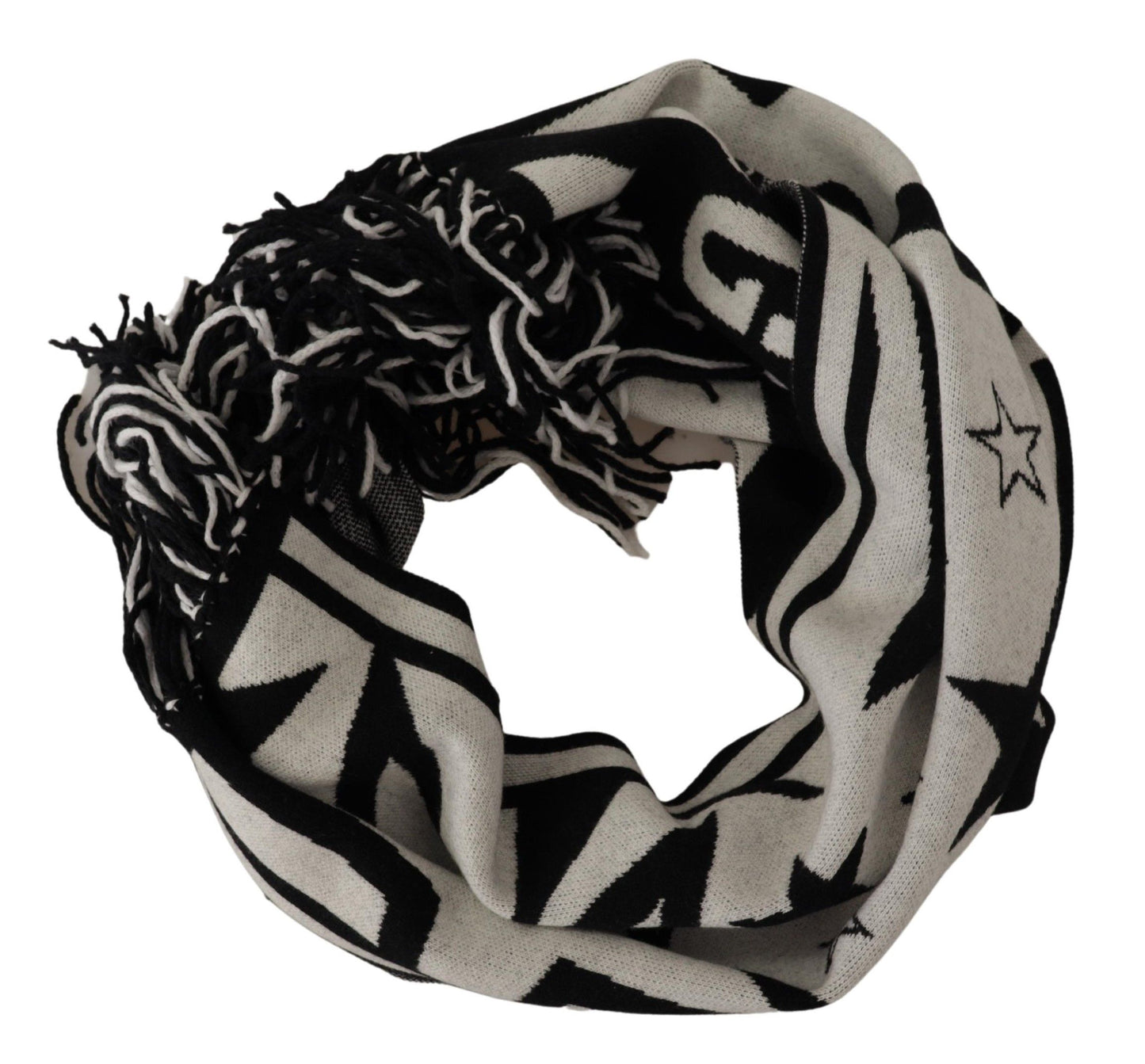 Dolce & Gabbana White Black DG Logo Star Printed Wool Fringe Scarf