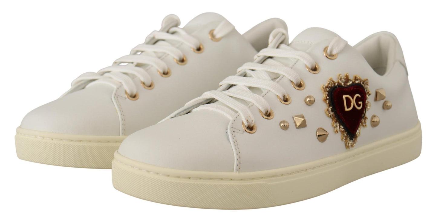 Dolce & Gabbana Chic White Sneakers with Gold Studs and Heart Detail