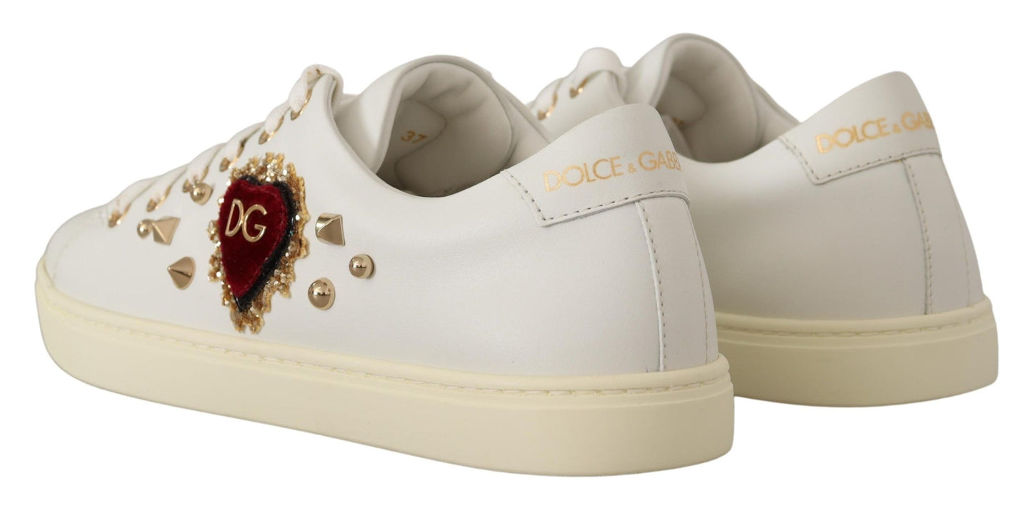 Dolce & Gabbana Chic White Sneakers with Gold Studs and Heart Detail