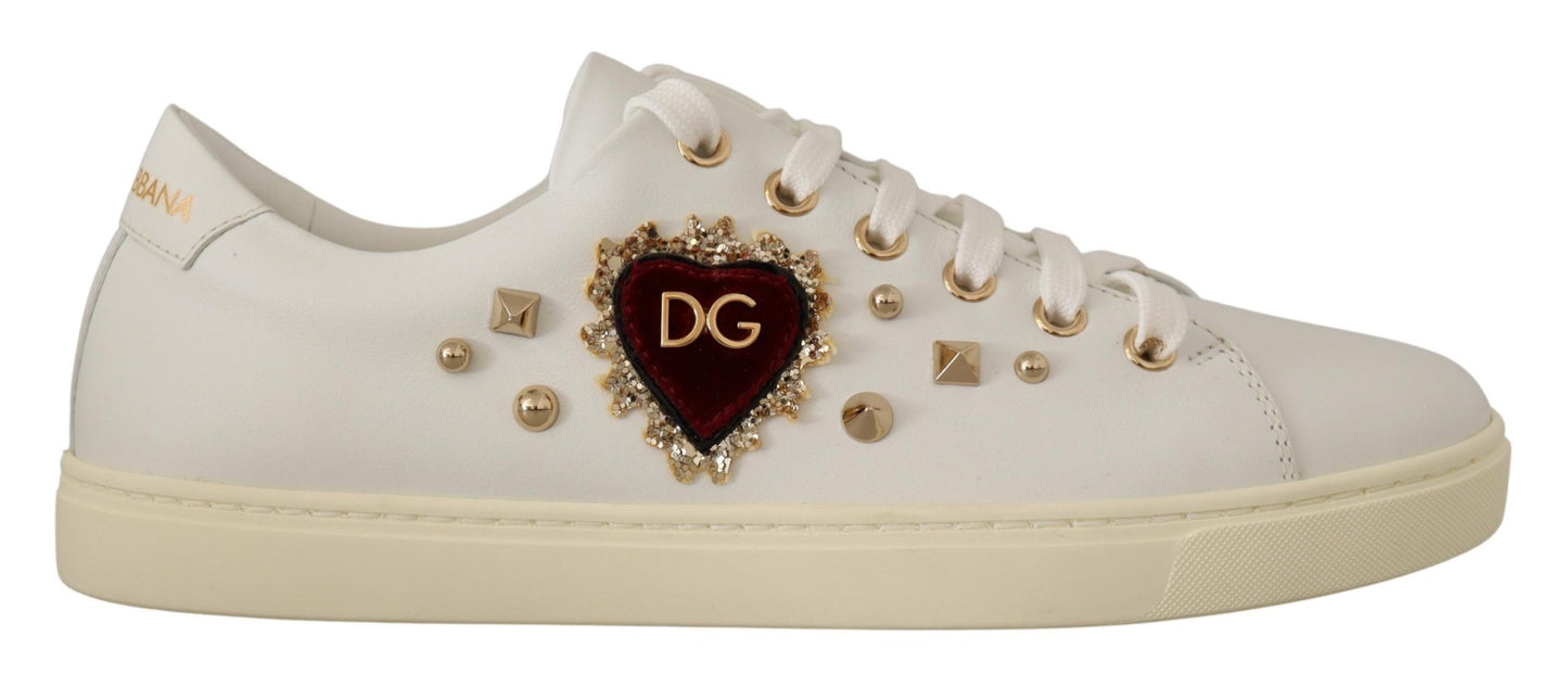 Dolce & Gabbana Chic White Sneakers with Gold Studs and Heart Detail