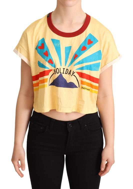 Dolce & Gabbana Chic Yellow Print Cropped Tee with Contrast Trim