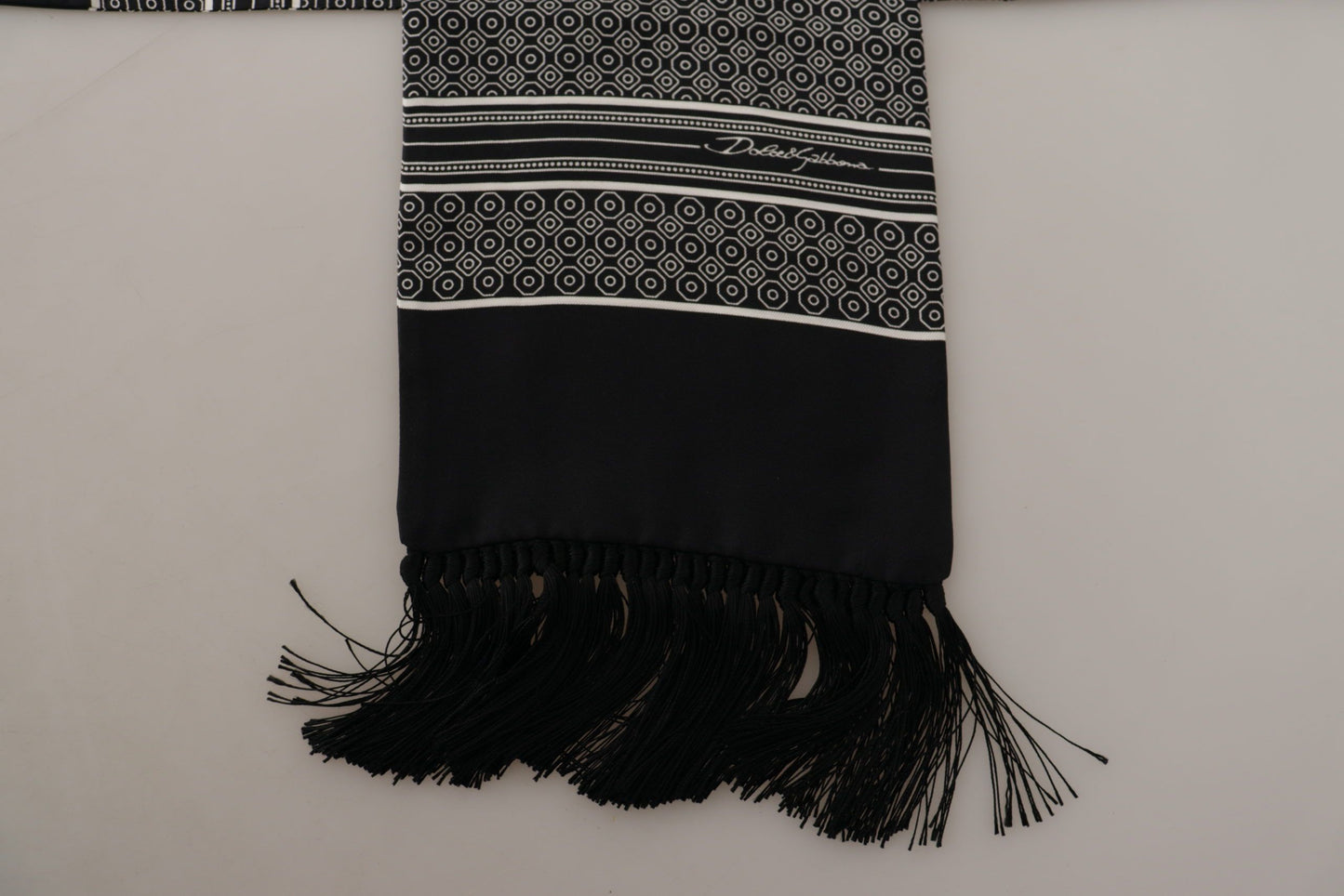 Dolce & Gabbana Black White 100% Silk Geometric Shawl Fringe Scarf