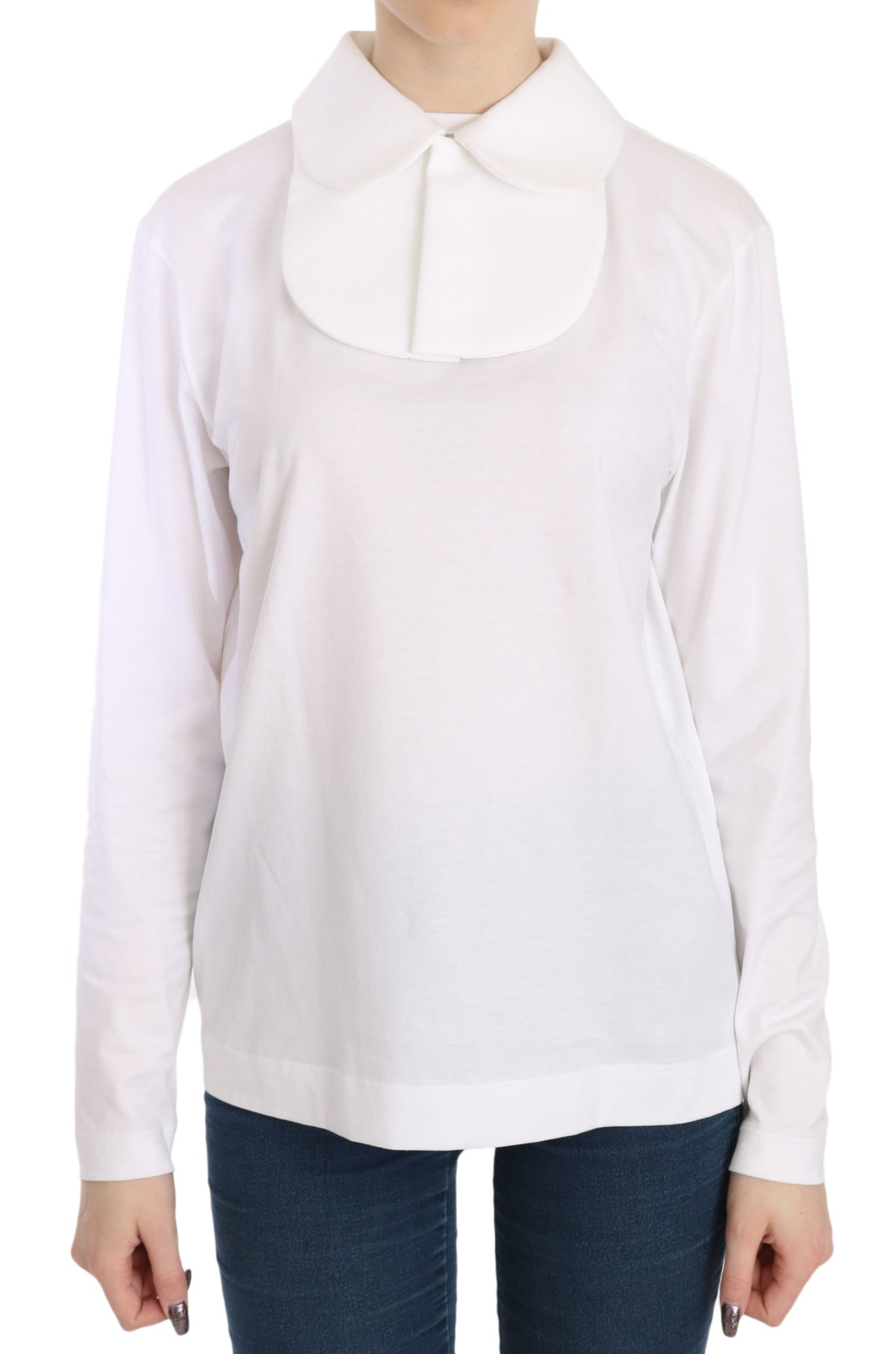 Dolce & Gabbana White Cotton Longsleeve Collared Top Blouse