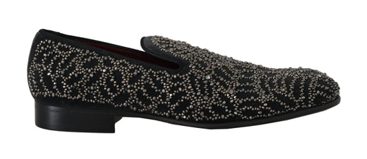 Dolce & Gabbana Elegant Black Velvet Loafers with Crystal Detail