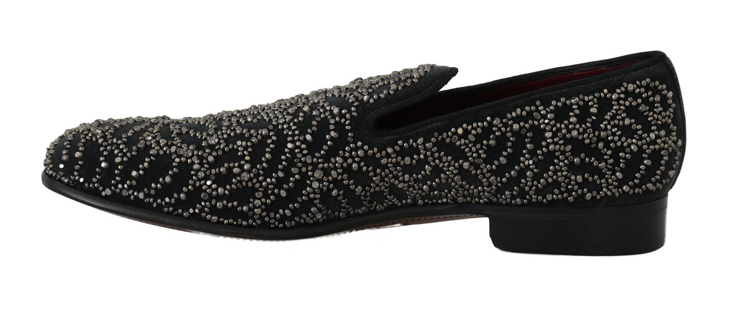 Dolce & Gabbana Elegant Black Velvet Loafers with Crystal Detail