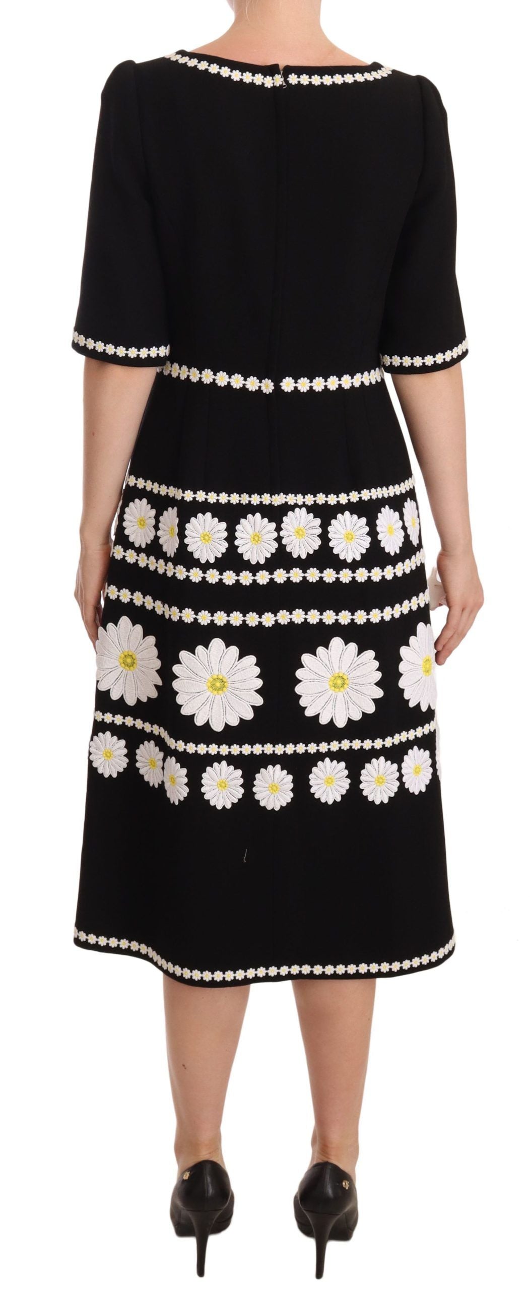 Dolce & Gabbana Chic Black Daisy Embroidered A-Line Midi Dress