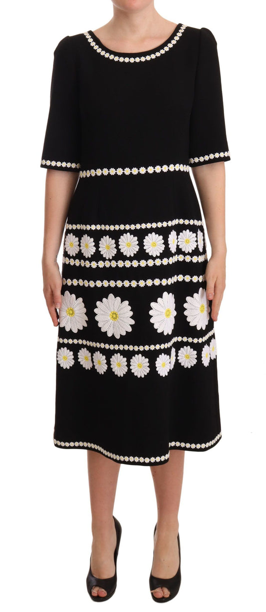 Dolce & Gabbana Chic Black Daisy Embroidered A-Line Midi Dress