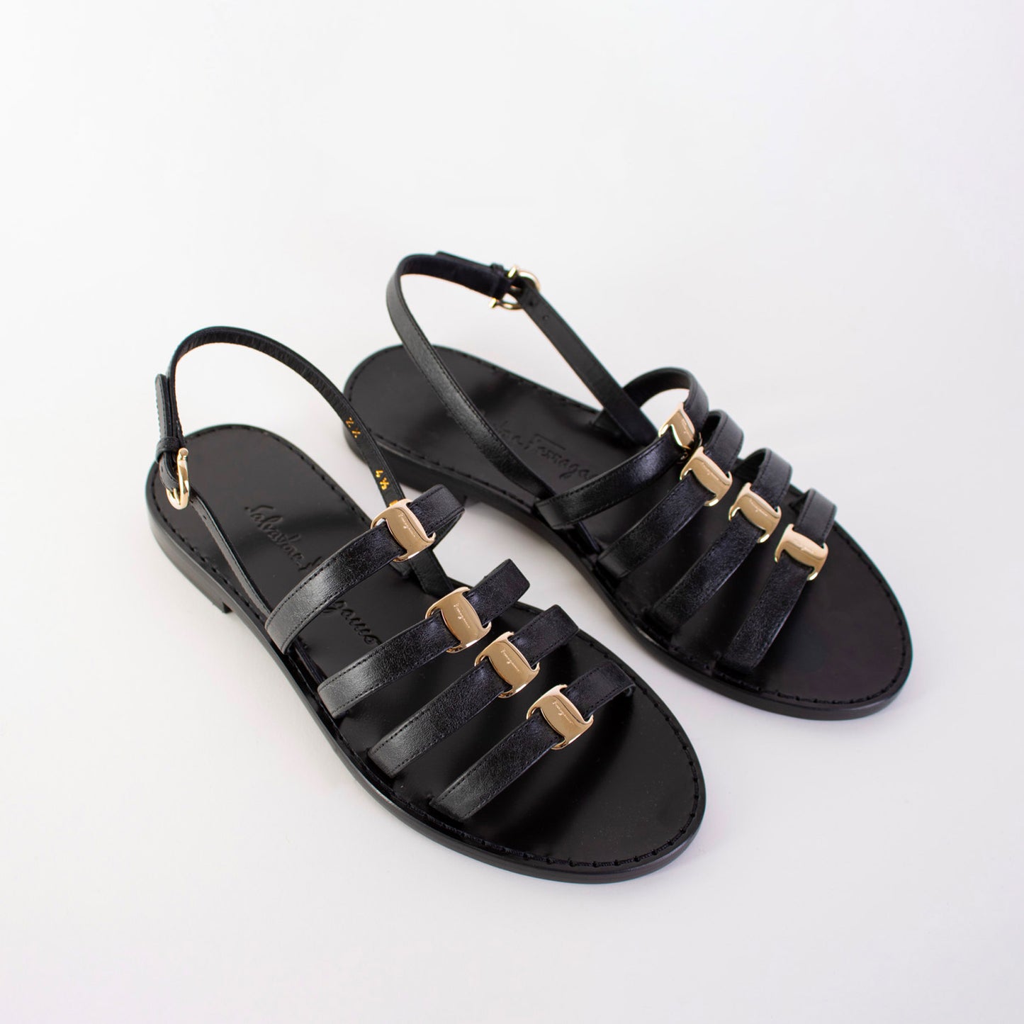 Salvatore Ferragamo Black Leather Galilee Sandals