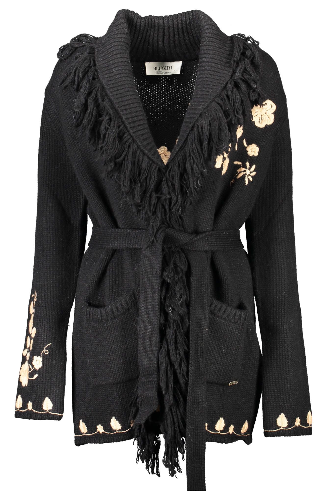 Blugirl Elegant Black Wool Cardigan with Embroidery