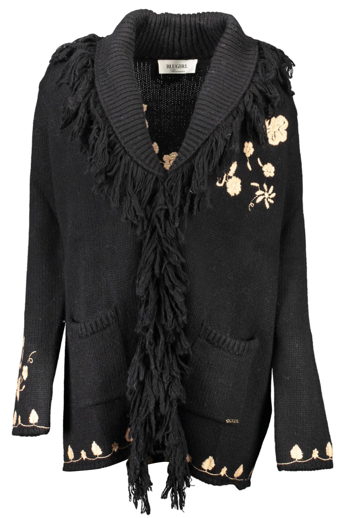 Blugirl Elegant Black Wool Cardigan with Embroidery