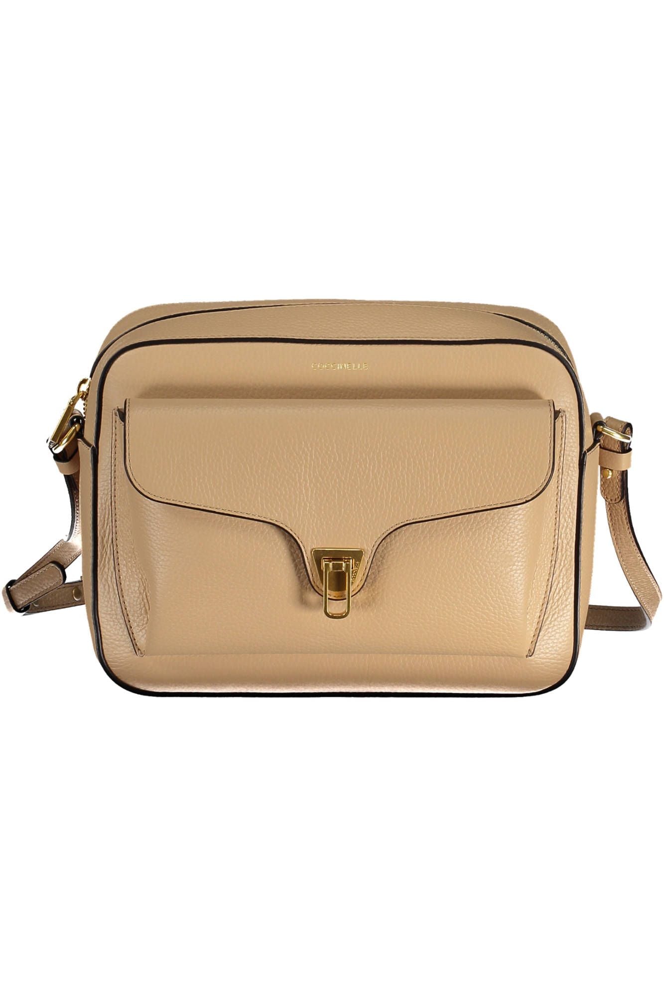 Coccinelle Chic Beige Leather Shoulder Bag with Turn Lock