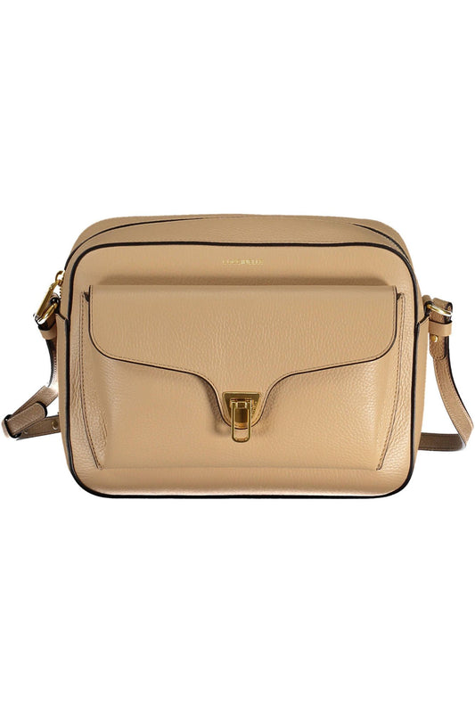 Coccinelle Chic Beige Leather Shoulder Bag with Turn Lock