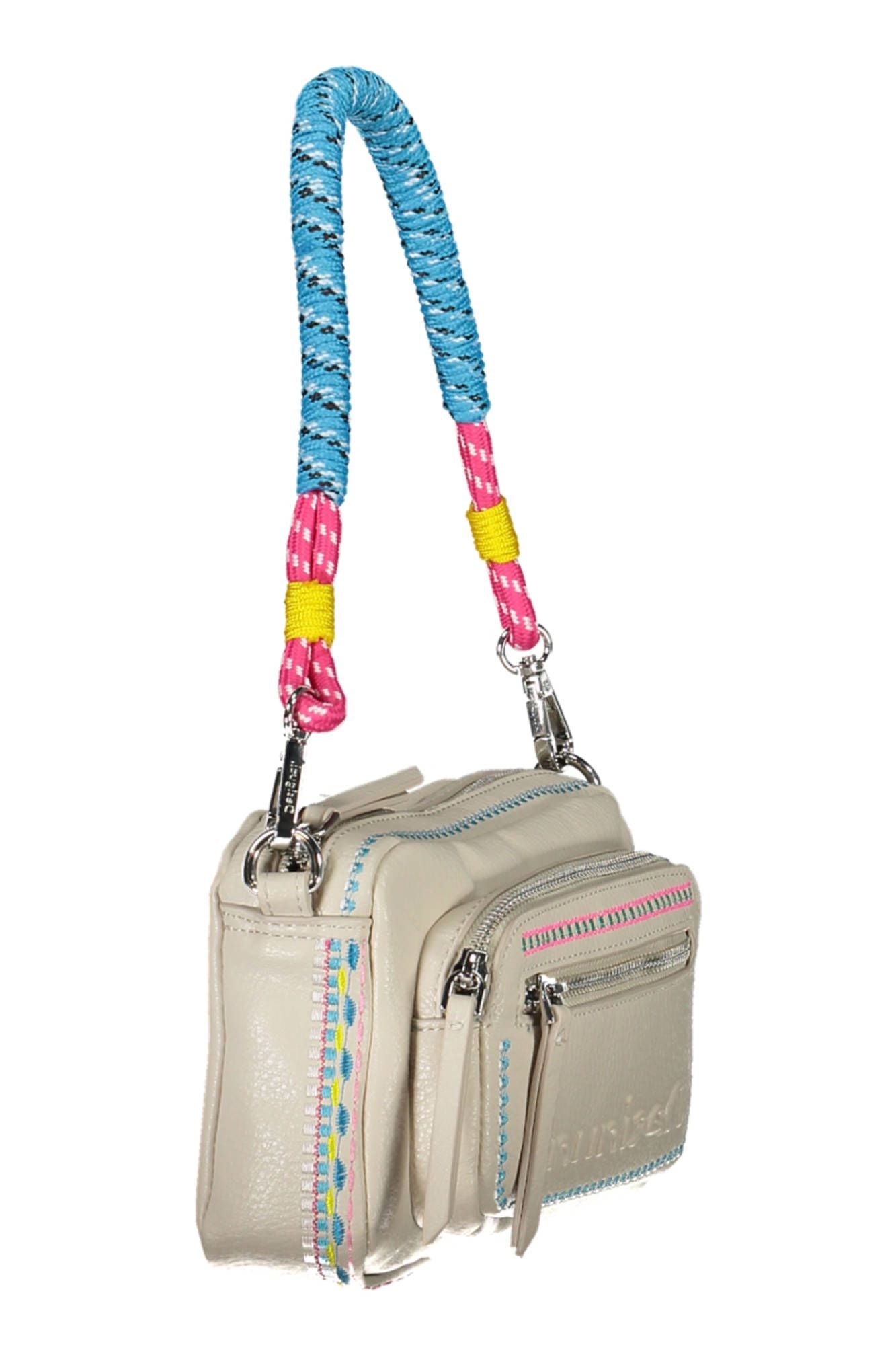 Desigual Chic White Embroidered Handbag with Contrasting Details