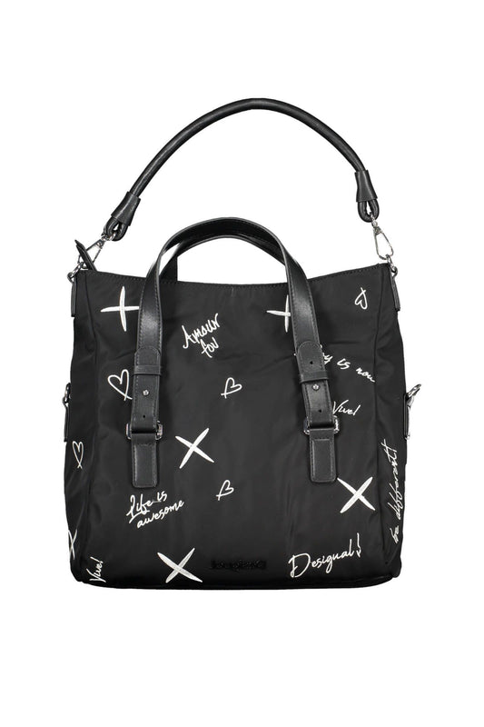 Desigual Elegant Embroidered Black Handbag with Versatile Straps