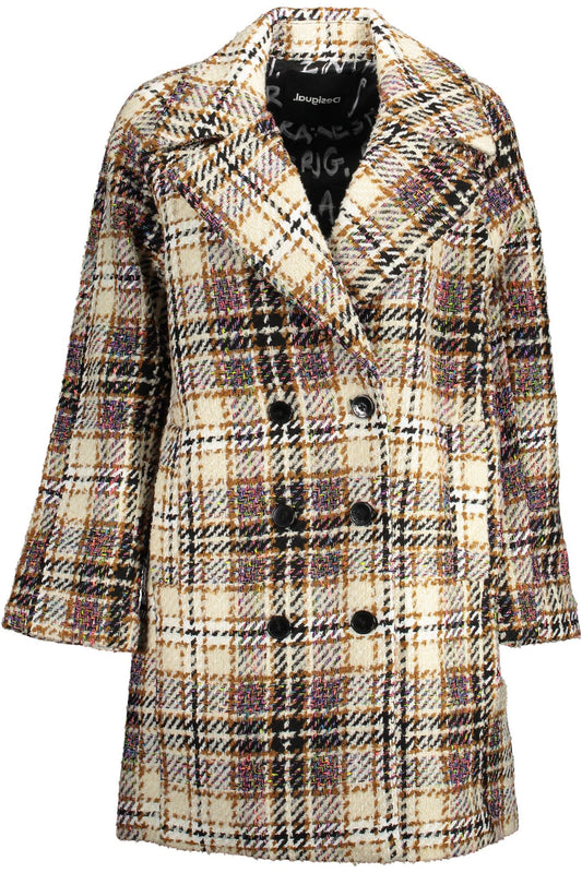 Desigual Beige Wool Blend Buttoned Coat with Logo Detail