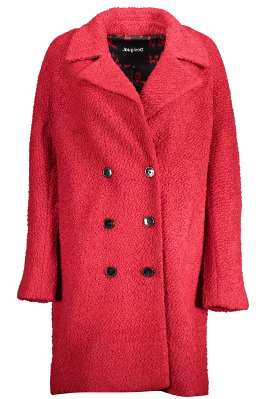 Desigual Enchanting Red Wool Blend Coat with Statement Buttons