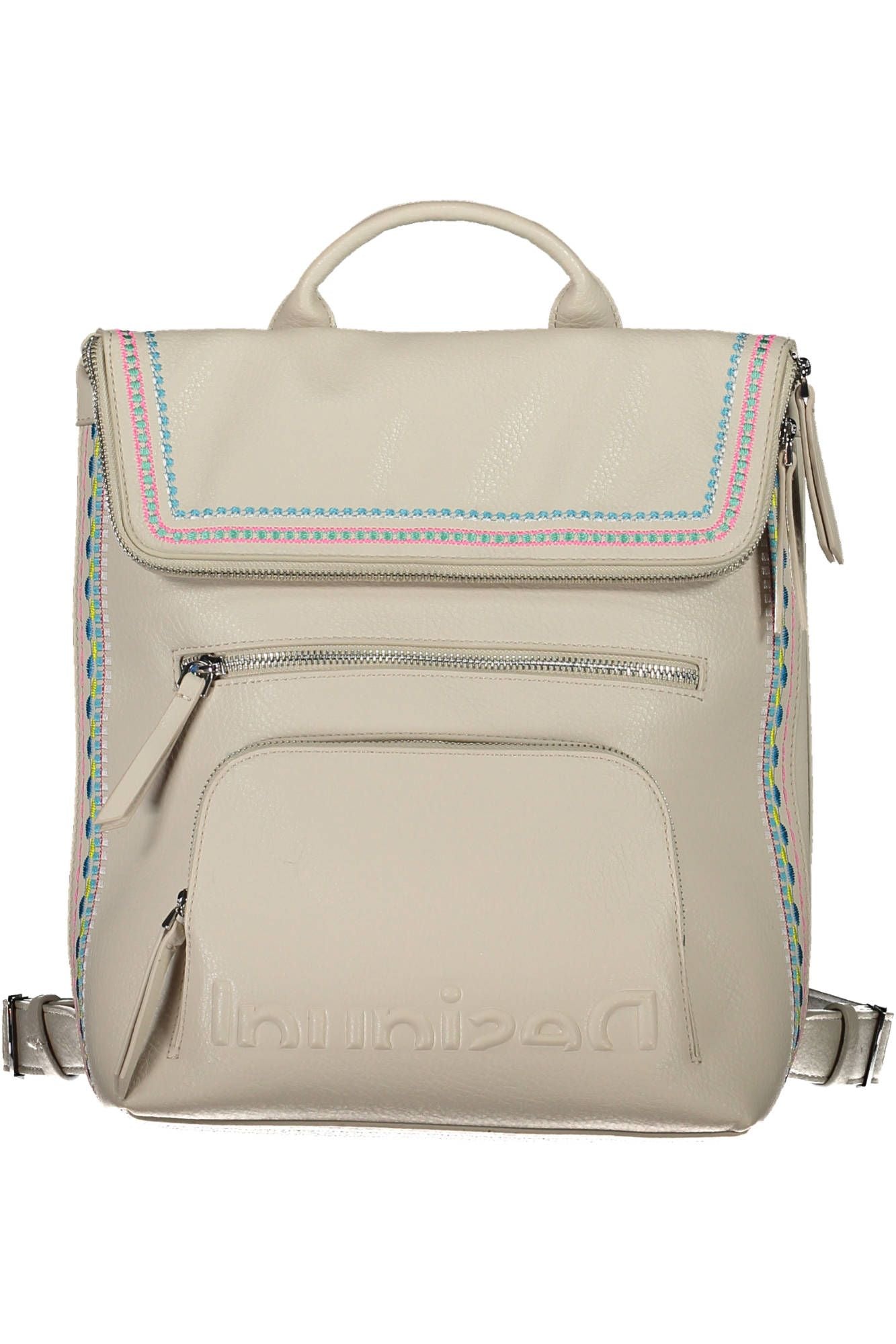 Desigual Chic White Embroidered Backpack with Contrasting Details