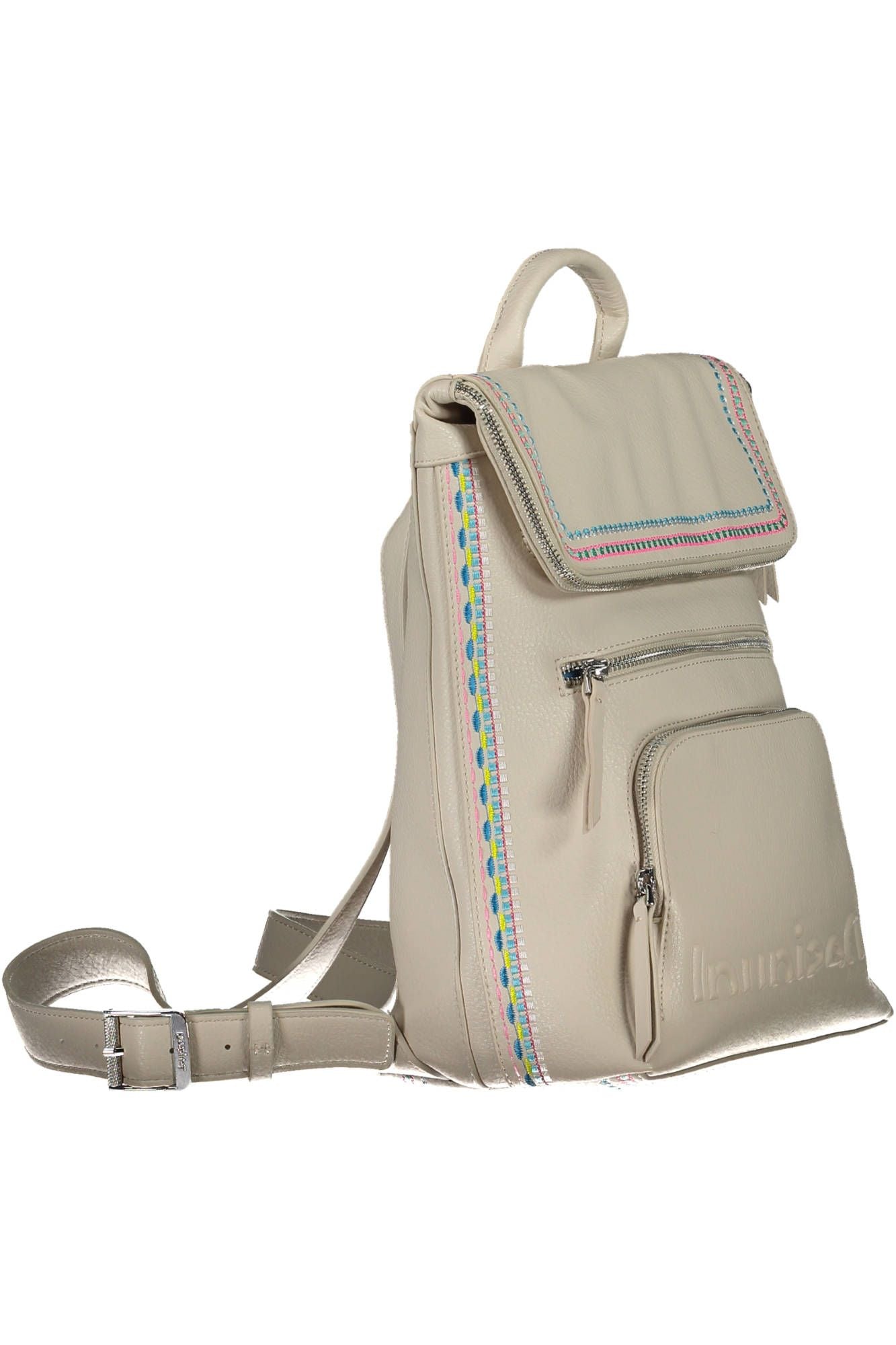 Desigual Chic White Embroidered Backpack with Contrasting Details