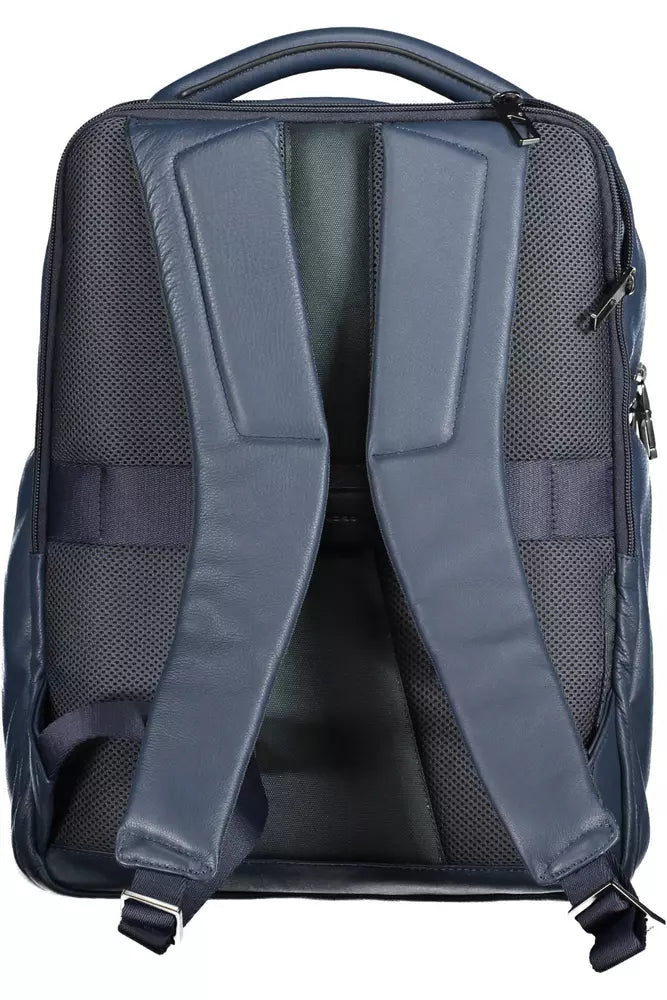 Piquadro Blue Leather Dual Compartment Backpack