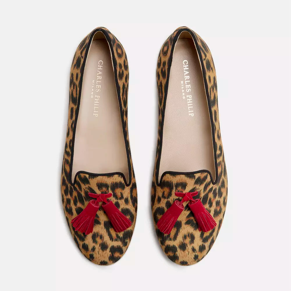 Charles Philip Elegant Leopard Print Silk Loafers