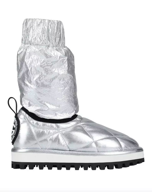 Dolce & Gabbana Chic Silver-Tone Ankle Boots with Logo Applique