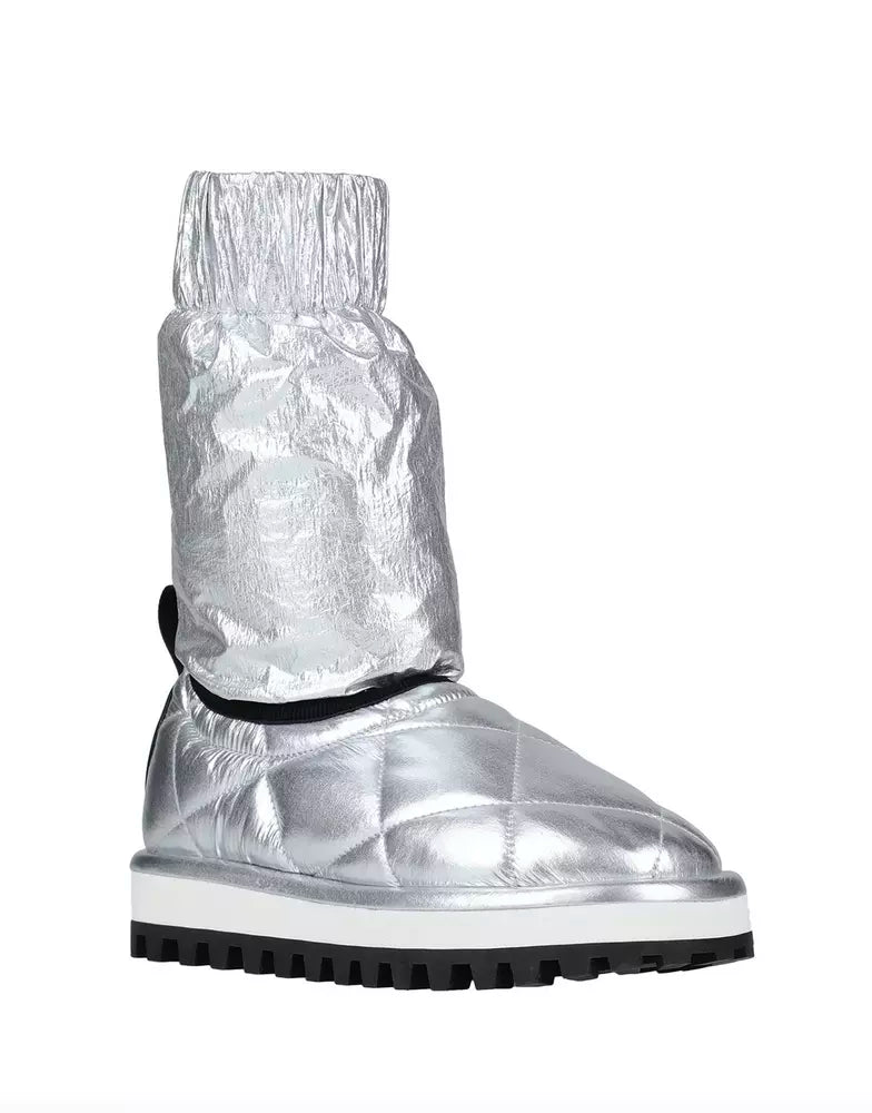 Dolce & Gabbana Chic Silver-Tone Ankle Boots with Logo Applique