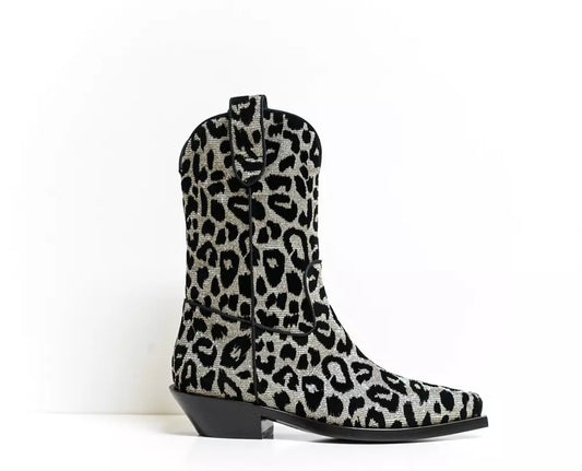 Dolce & Gabbana Elegant Black Leopard Texan Boots with Silver Accents