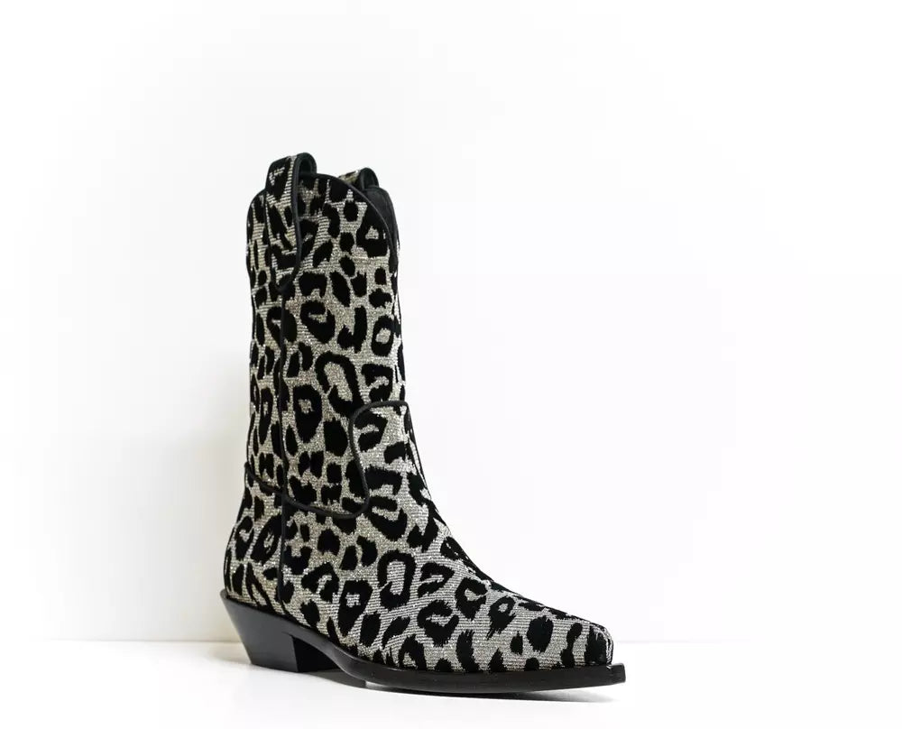 Dolce & Gabbana Elegant Black Leopard Texan Boots with Silver Accents