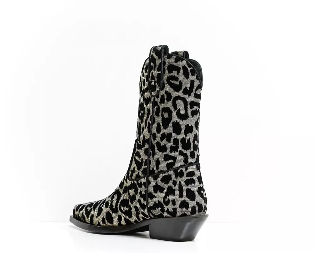 Dolce & Gabbana Elegant Black Leopard Texan Boots with Silver Accents