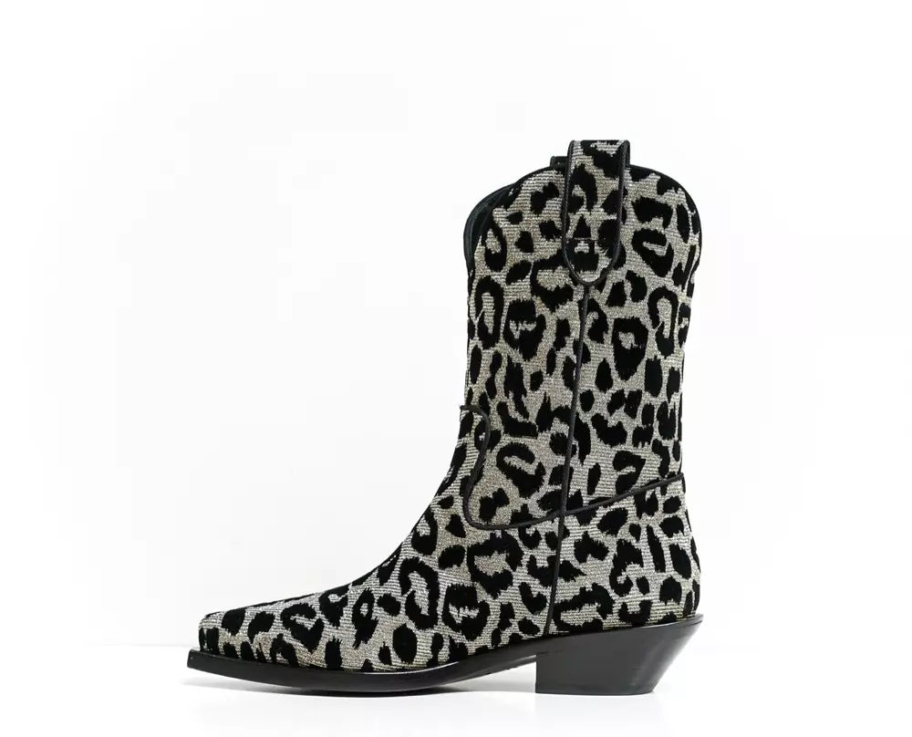 Dolce & Gabbana Elegant Black Leopard Texan Boots with Silver Accents