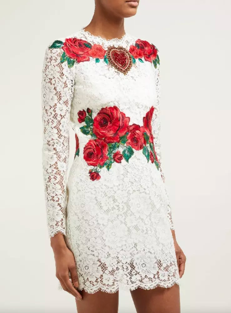 Dolce & Gabbana Elegant White Lace Dress with Floral Appliqués