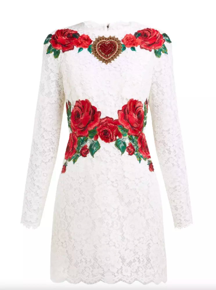 Dolce & Gabbana Elegant White Lace Dress with Floral Appliqués