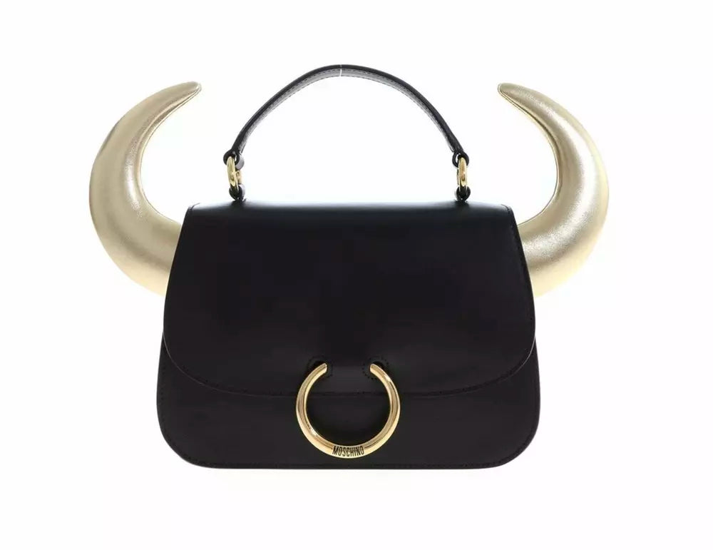 Moschino Couture Elegant Black Calfskin Handbag with Gold Accents