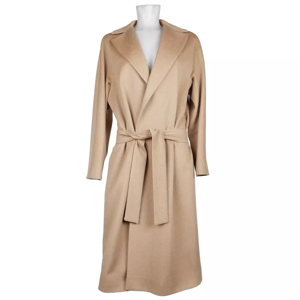 Made in Italy Elegant Beige Wool Coat with Ribbon Belt