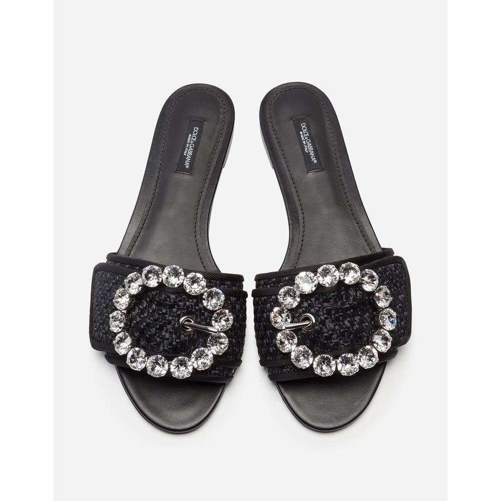 Dolce & Gabbana Elegant Woven Raffia Slippers with Jewel Buckle