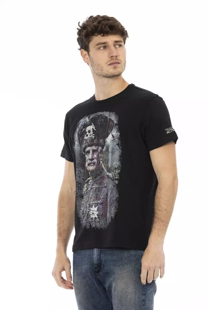 Trussardi Action Sleek Black Graphic Tee with Artistic Flair