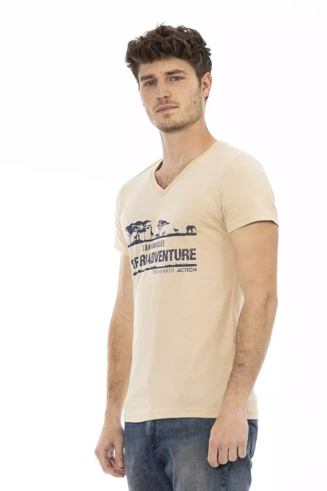 Trussardi Action Beige V-Neck Tee with Elegant Front Print