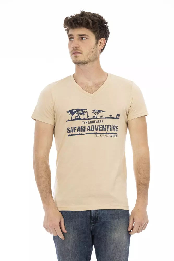 Trussardi Action Beige V-Neck Tee with Elegant Front Print