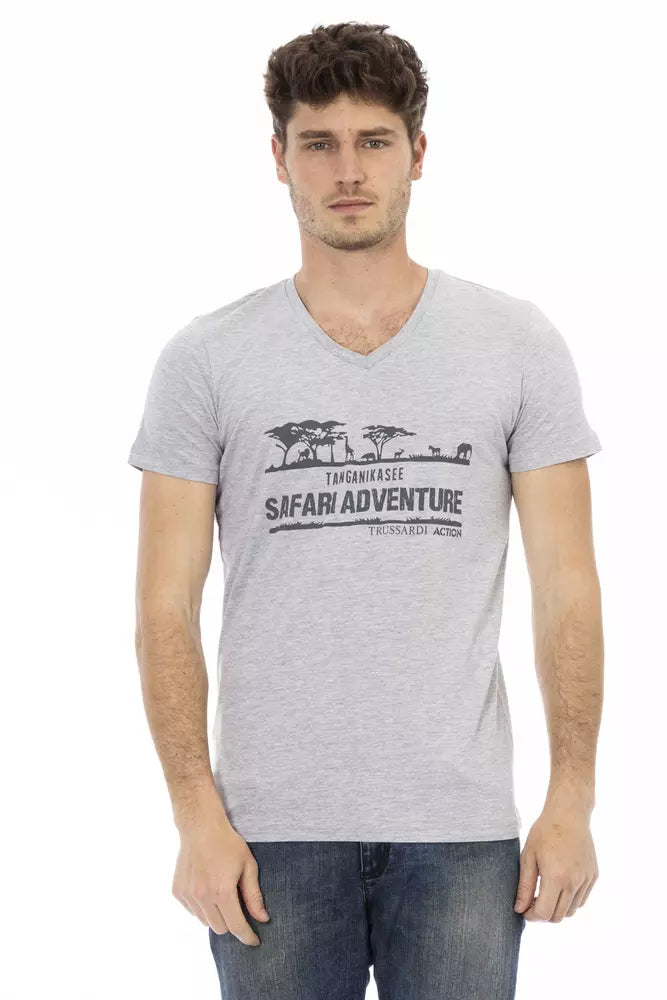 Trussardi Action Chic V-Neck Tee with Front Print in Gray